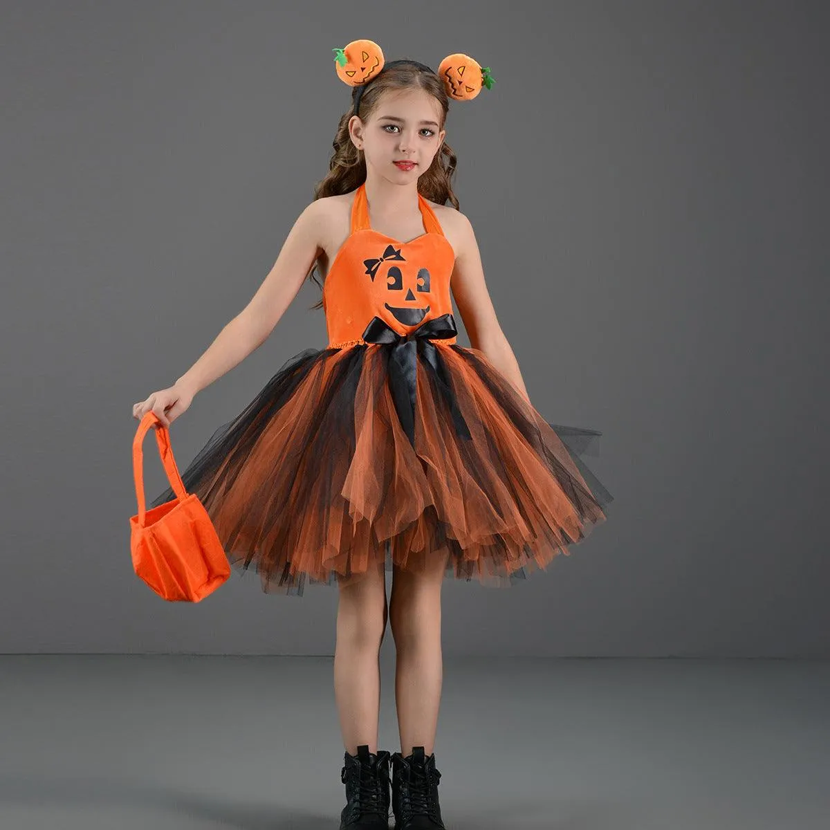 3-12 years old new children's cosplay Halloween costume playful pumpkin suspender mesh girl princess dress festival party stage performance girl dress