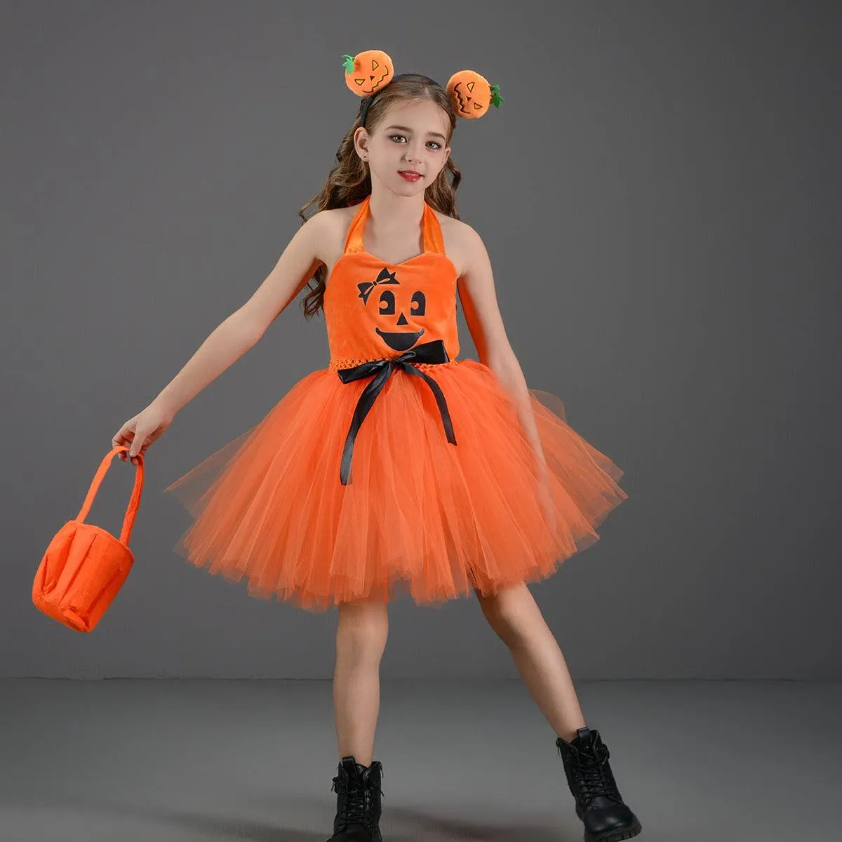 3-12 years old new children's cosplay Halloween costume playful pumpkin suspender mesh girl princess dress festival party stage performance girl dress