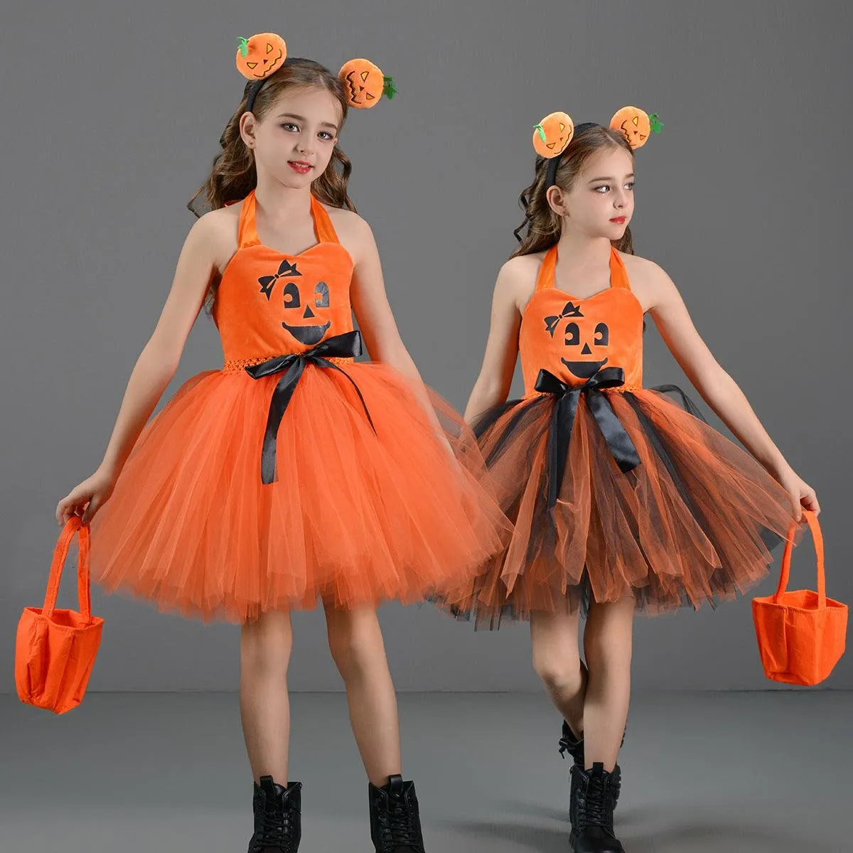 3-12 years old new children's cosplay Halloween costume playful pumpkin suspender mesh girl princess dress festival party stage performance girl dress