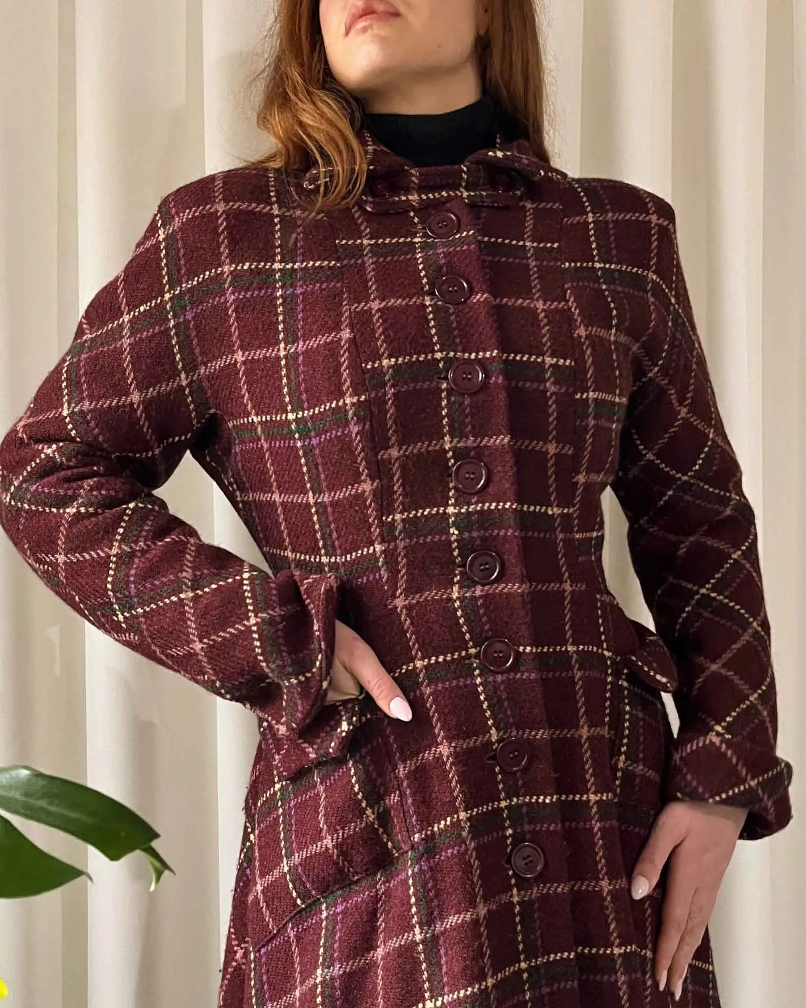 40s Plaid Wool Princess Coat | S-M