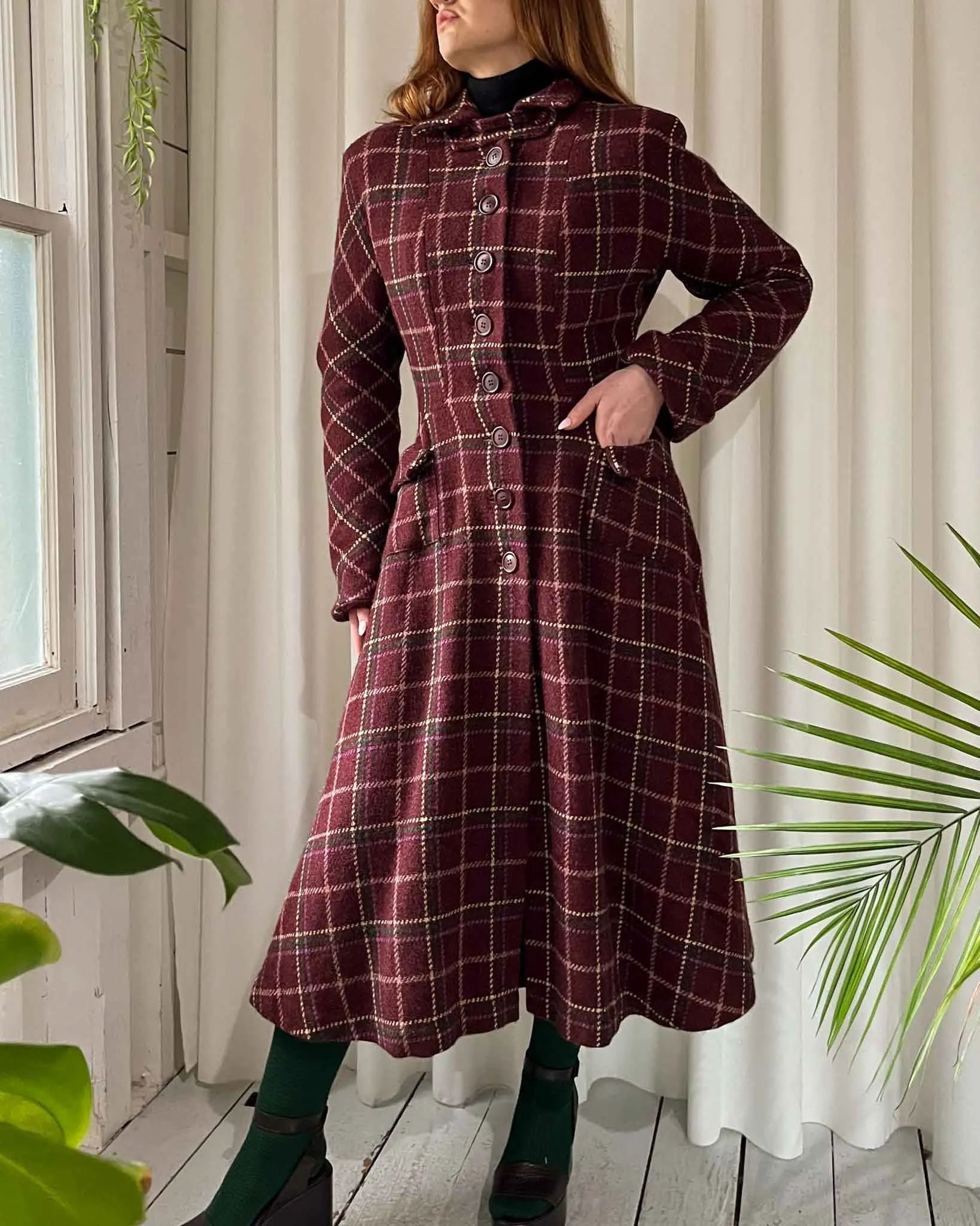 40s Plaid Wool Princess Coat | S-M