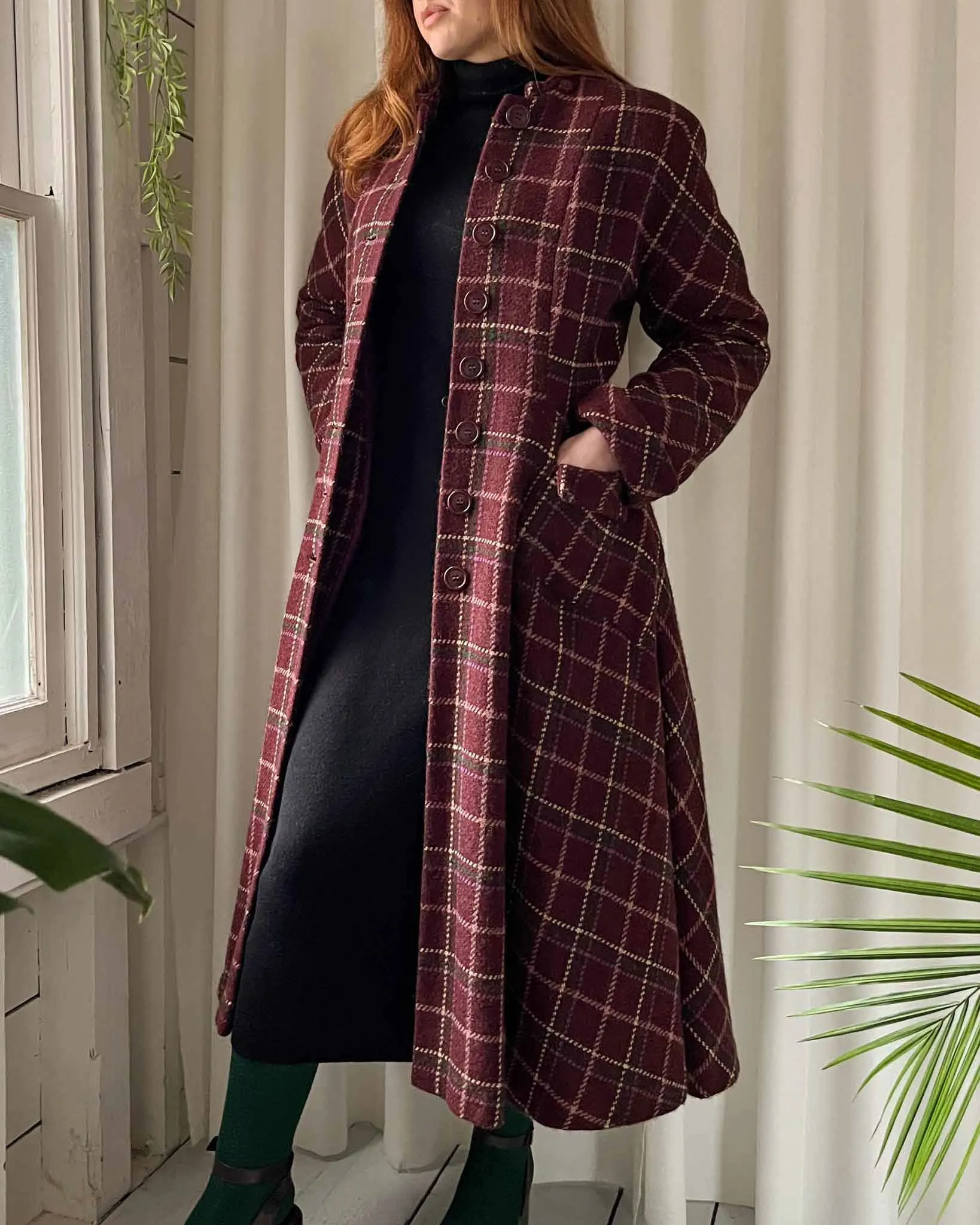 40s Plaid Wool Princess Coat | S-M