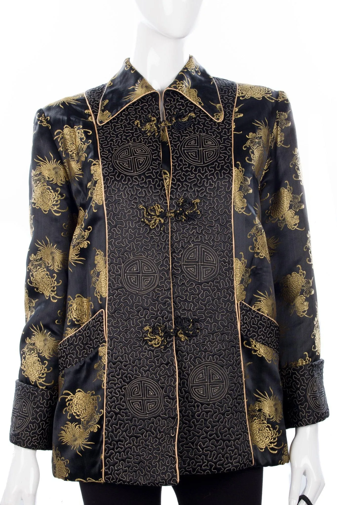 Arjan Hong Kong Padded Chinese Jacket and Bag Silk Black and Gold Size L