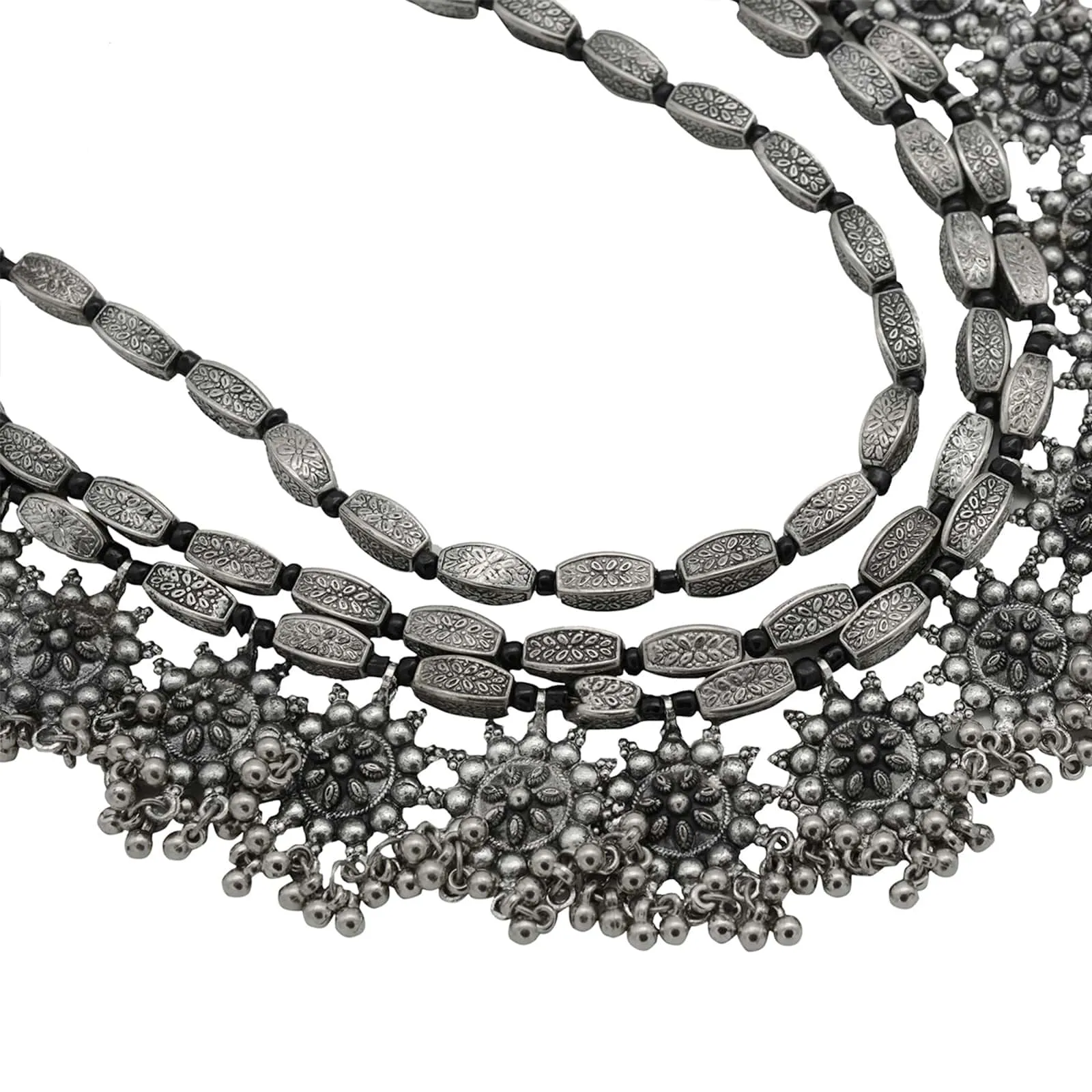 Arunima Floral Silver Oxidized Long Layered Necklace