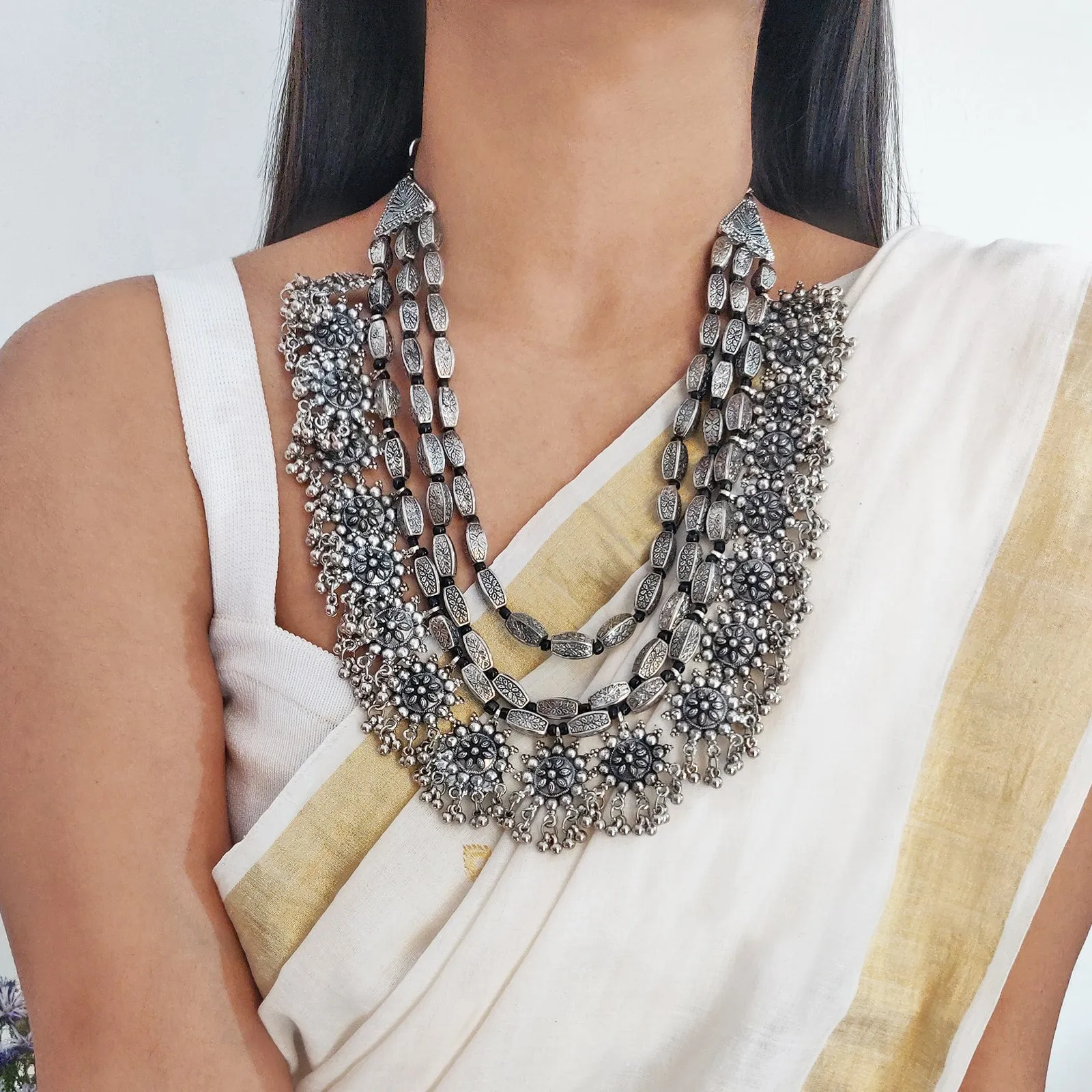 Arunima Floral Silver Oxidized Long Layered Necklace