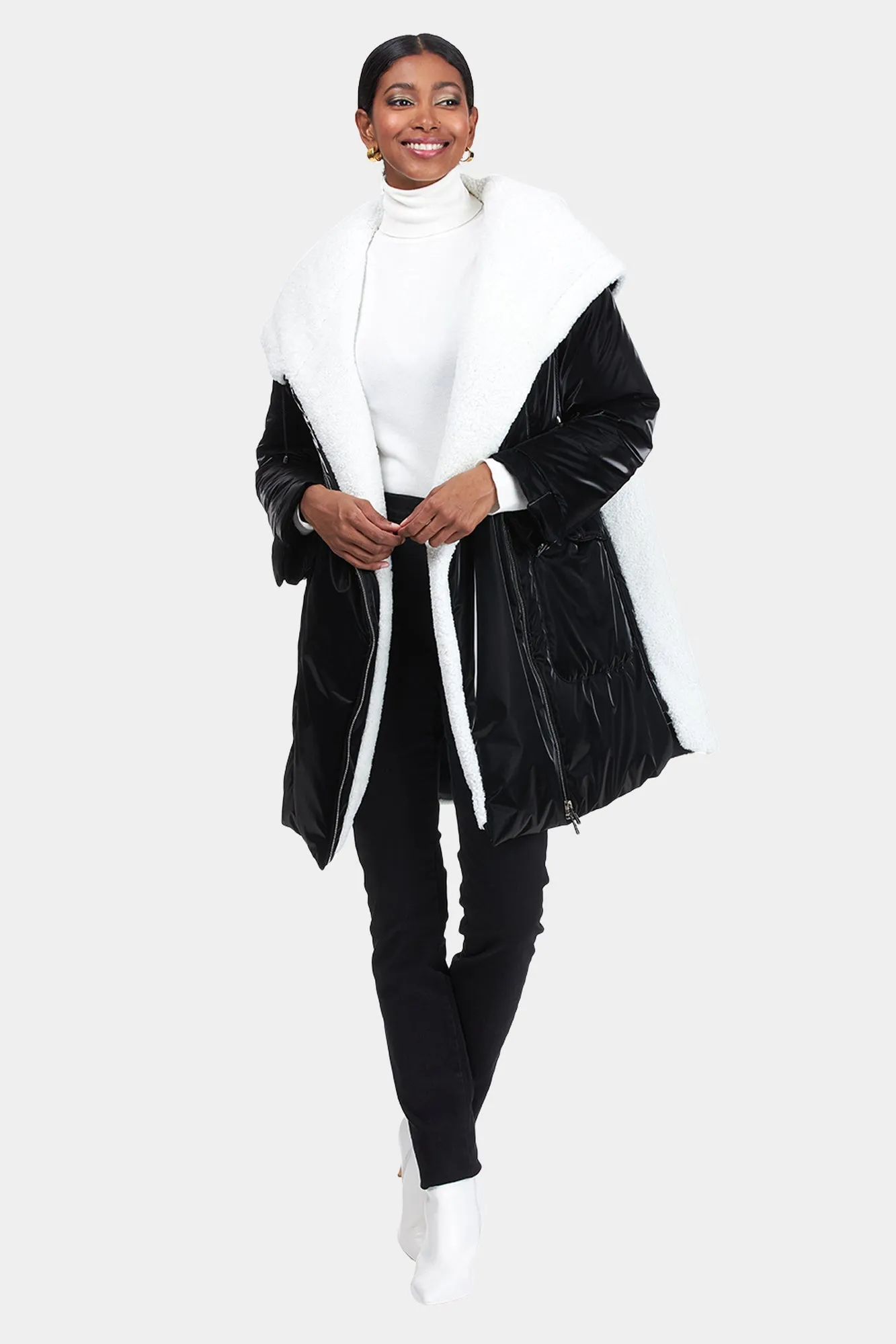 ASYMMETRIC QUILTED PARKA with SHEARLING LAMB TRIM