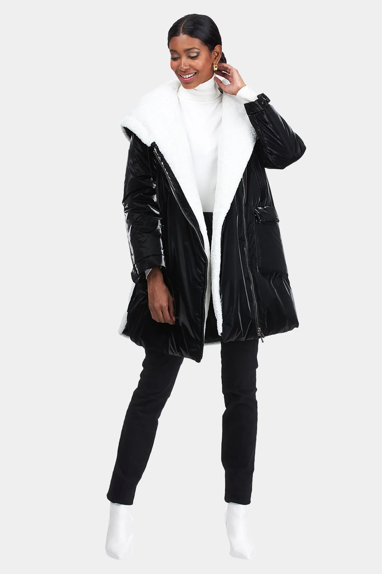 ASYMMETRIC QUILTED PARKA with SHEARLING LAMB TRIM