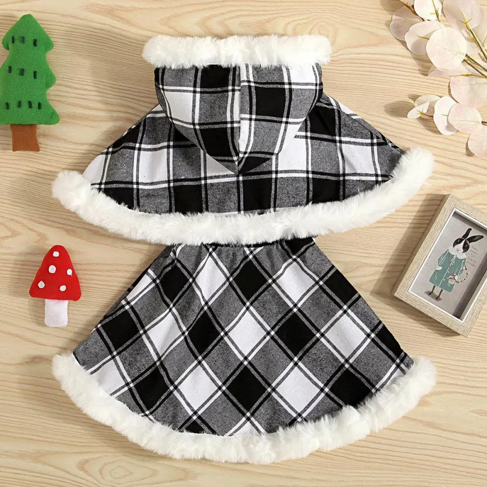 Autumn Winter Little Girls Christmas Plaid Cape   Dress Set Wholesale Girls Clothes