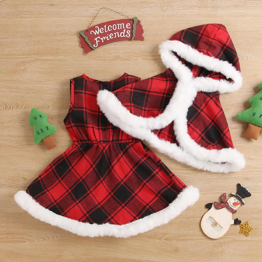 Autumn Winter Little Girls Christmas Plaid Cape   Dress Set Wholesale Girls Clothes