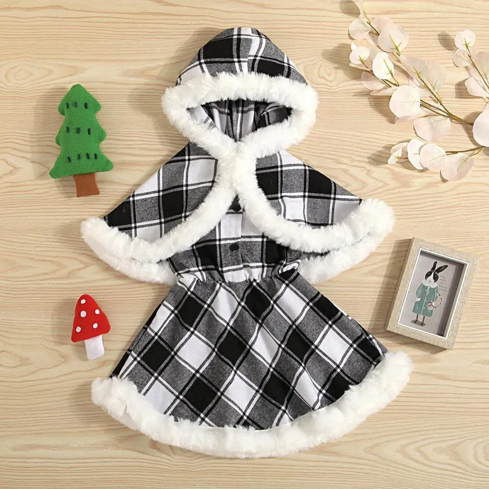 Autumn Winter Little Girls Christmas Plaid Cape   Dress Set Wholesale Girls Clothes