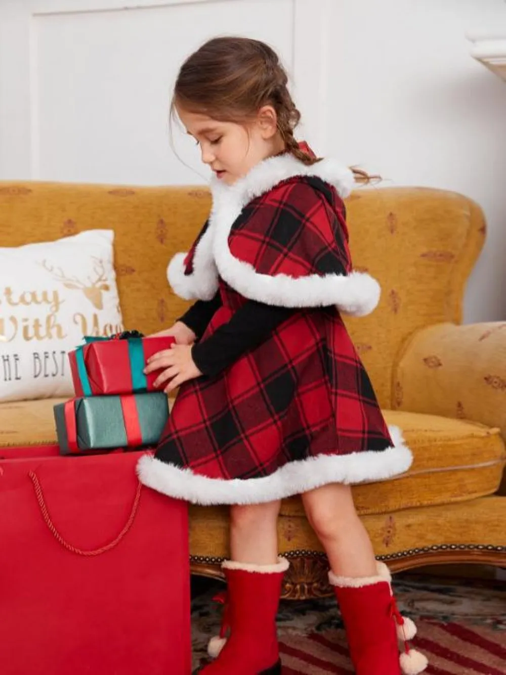 Autumn Winter Little Girls Christmas Plaid Cape   Dress Set Wholesale Girls Clothes