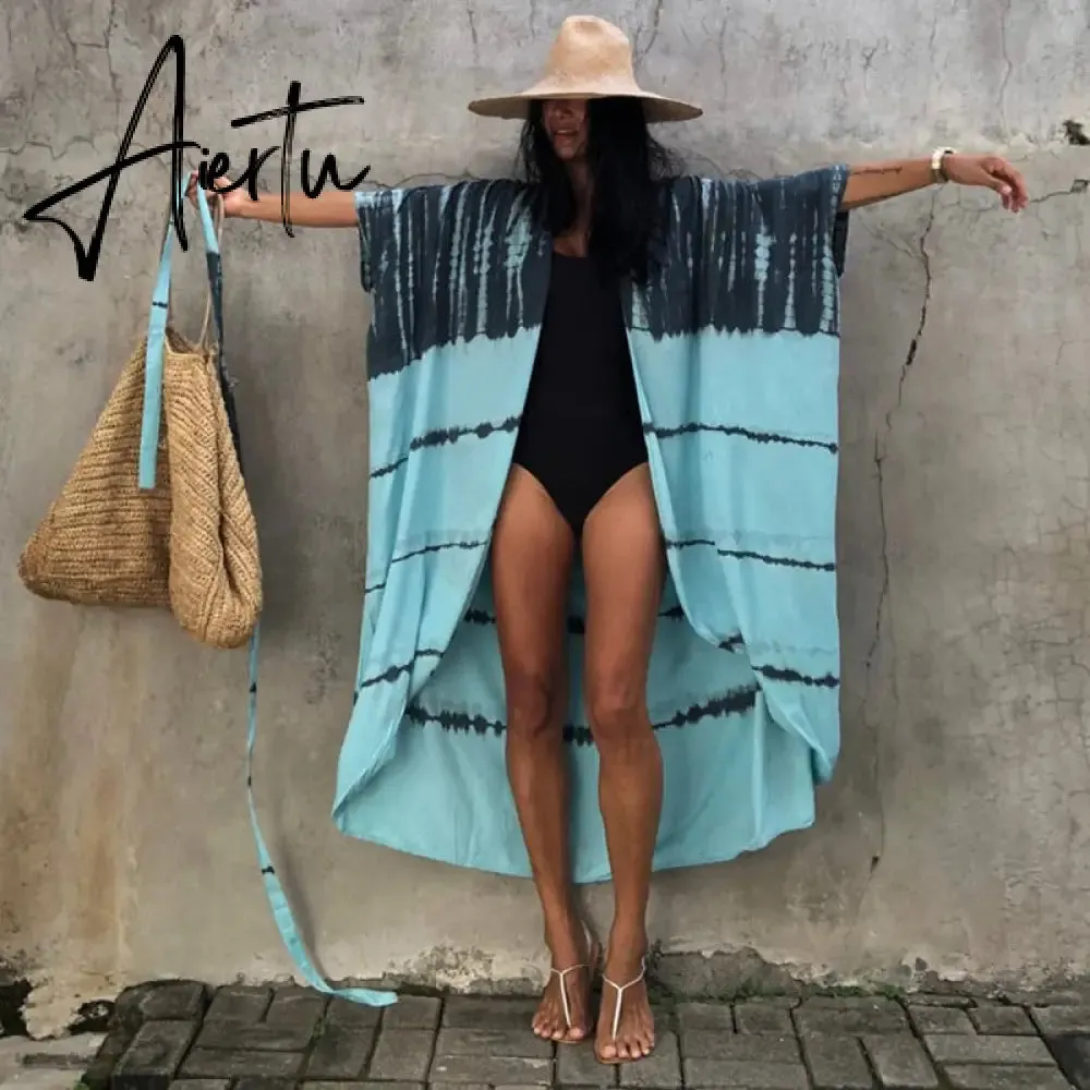 Beach Cover Ups for Swimwear Women Black Tie Dye Kimono Swimsuit Cape Summer Dress Beachwear Outfits Sales