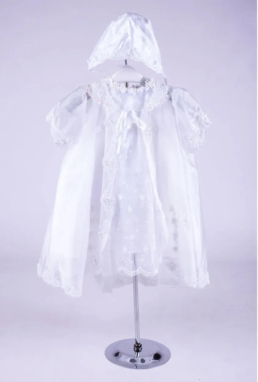 Beau kid off white christening gown, cape and bonnet