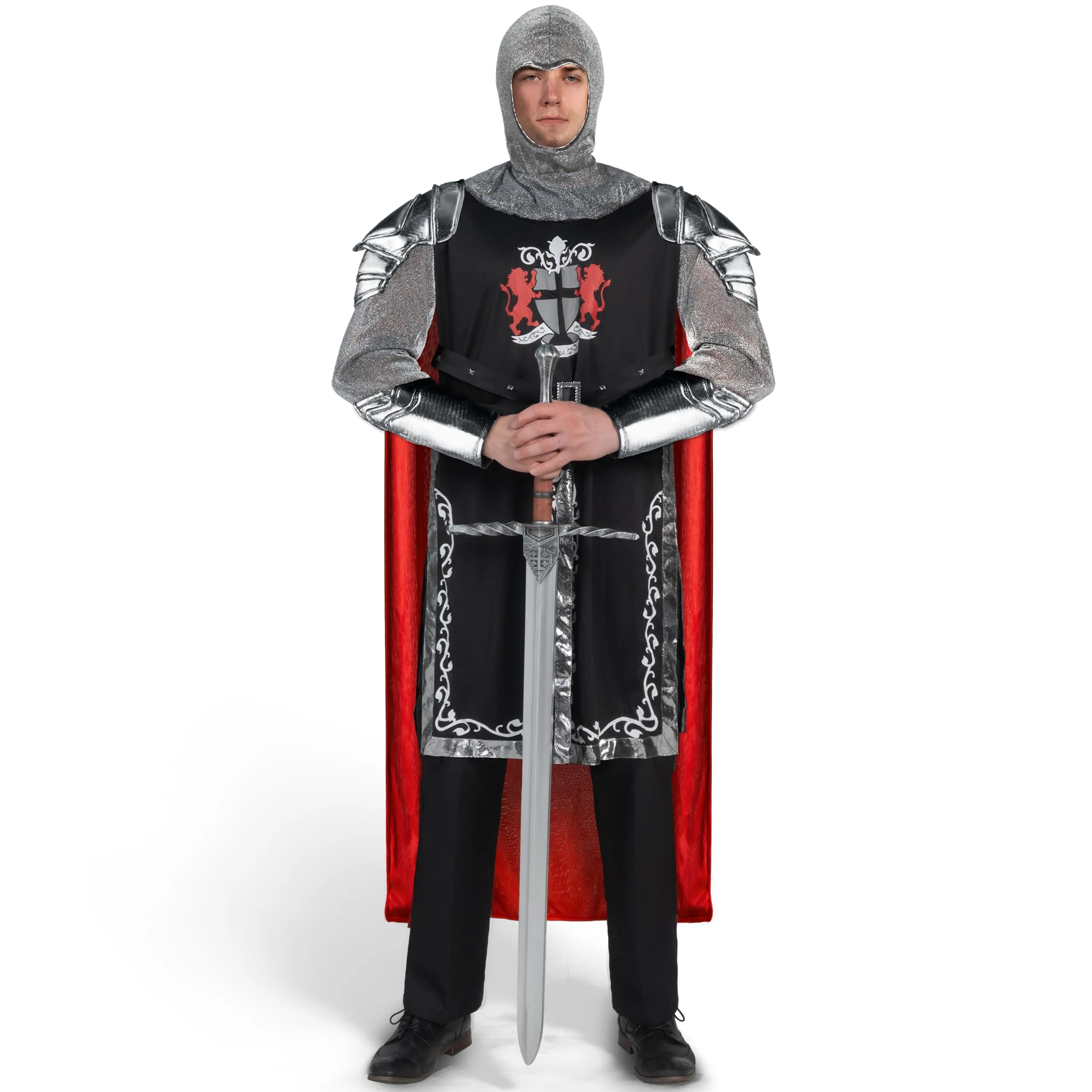 Black Men's Medieval Knight Costume with Armor Cape Tunic Hood