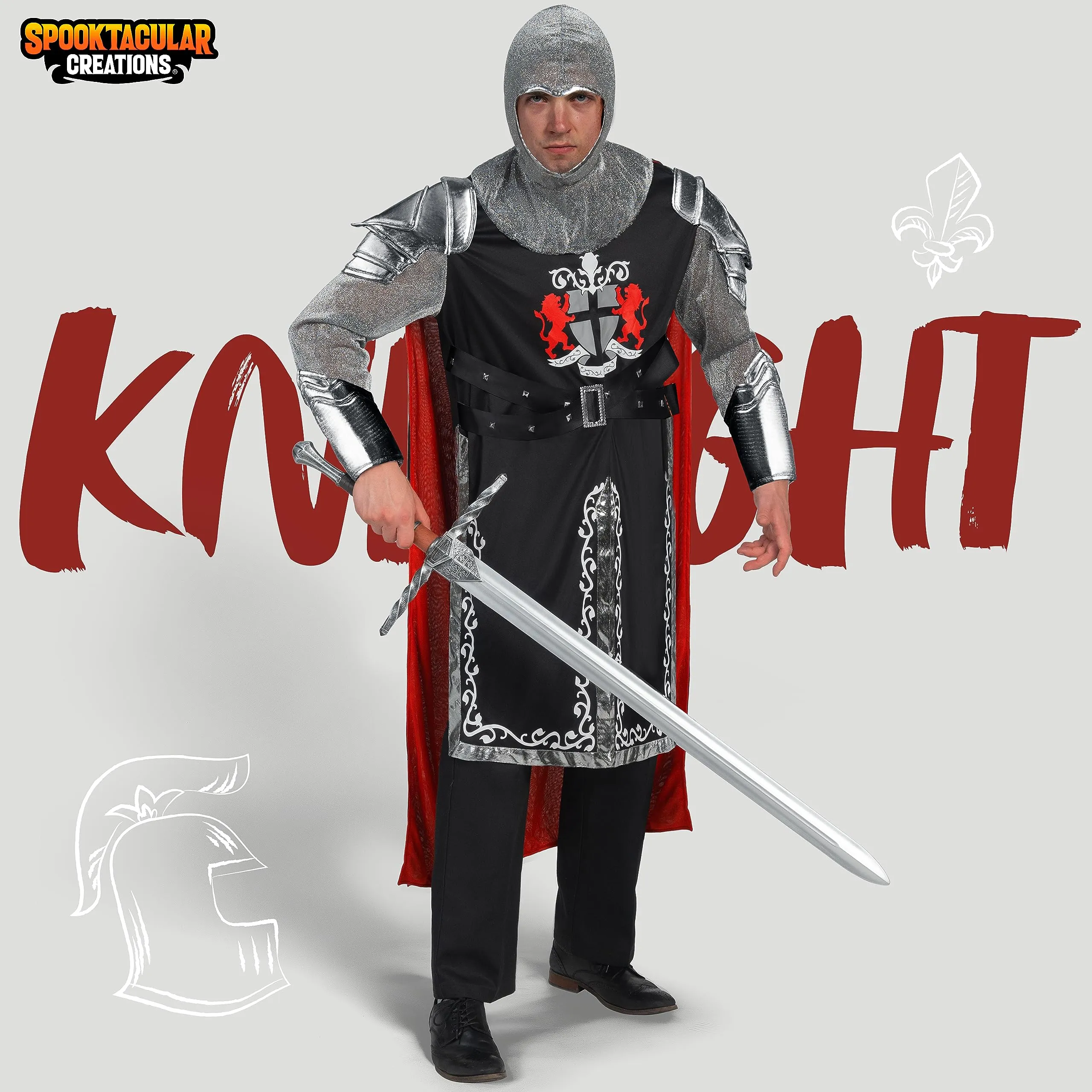 Black Men's Medieval Knight Costume with Armor Cape Tunic Hood