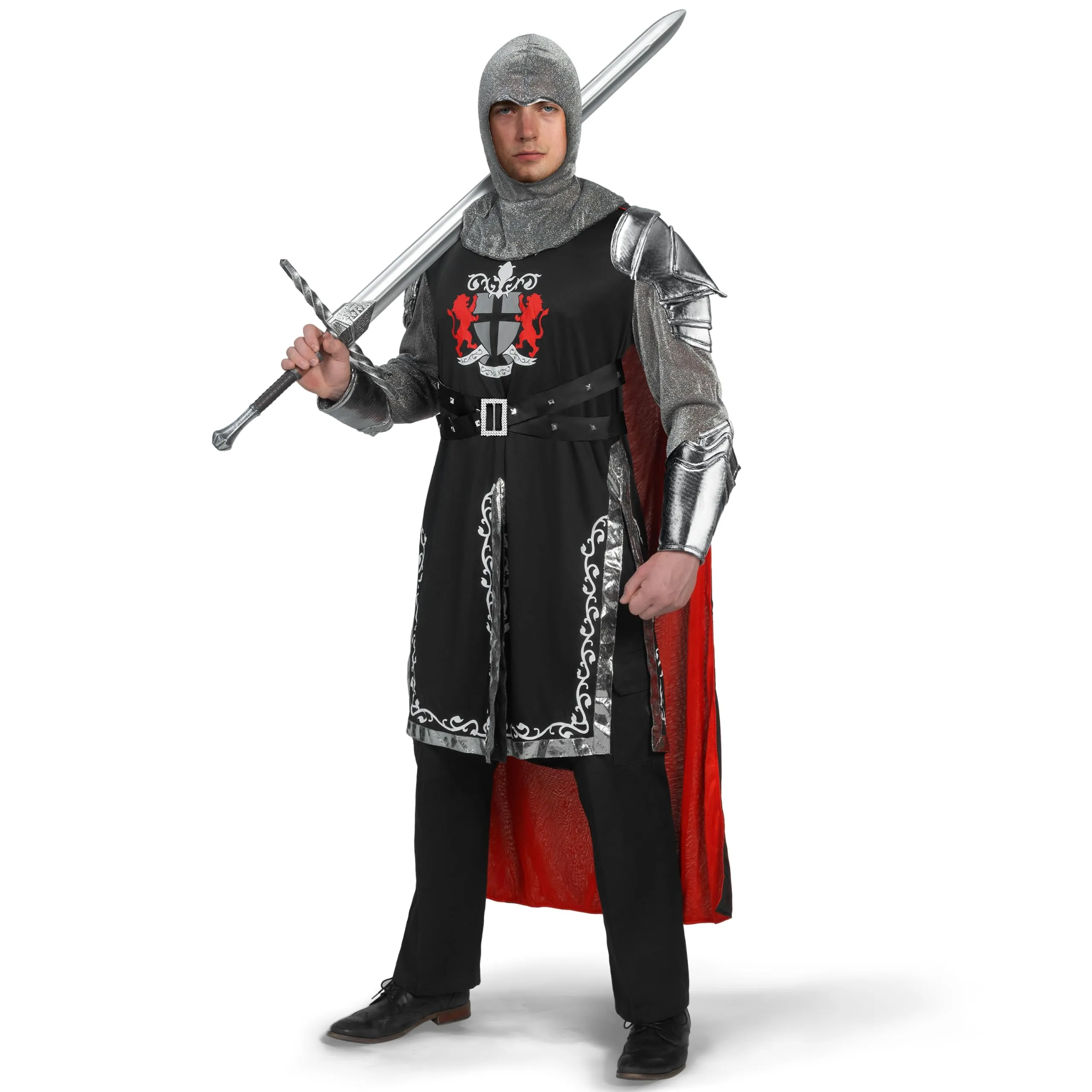 Black Men's Medieval Knight Costume with Armor Cape Tunic Hood