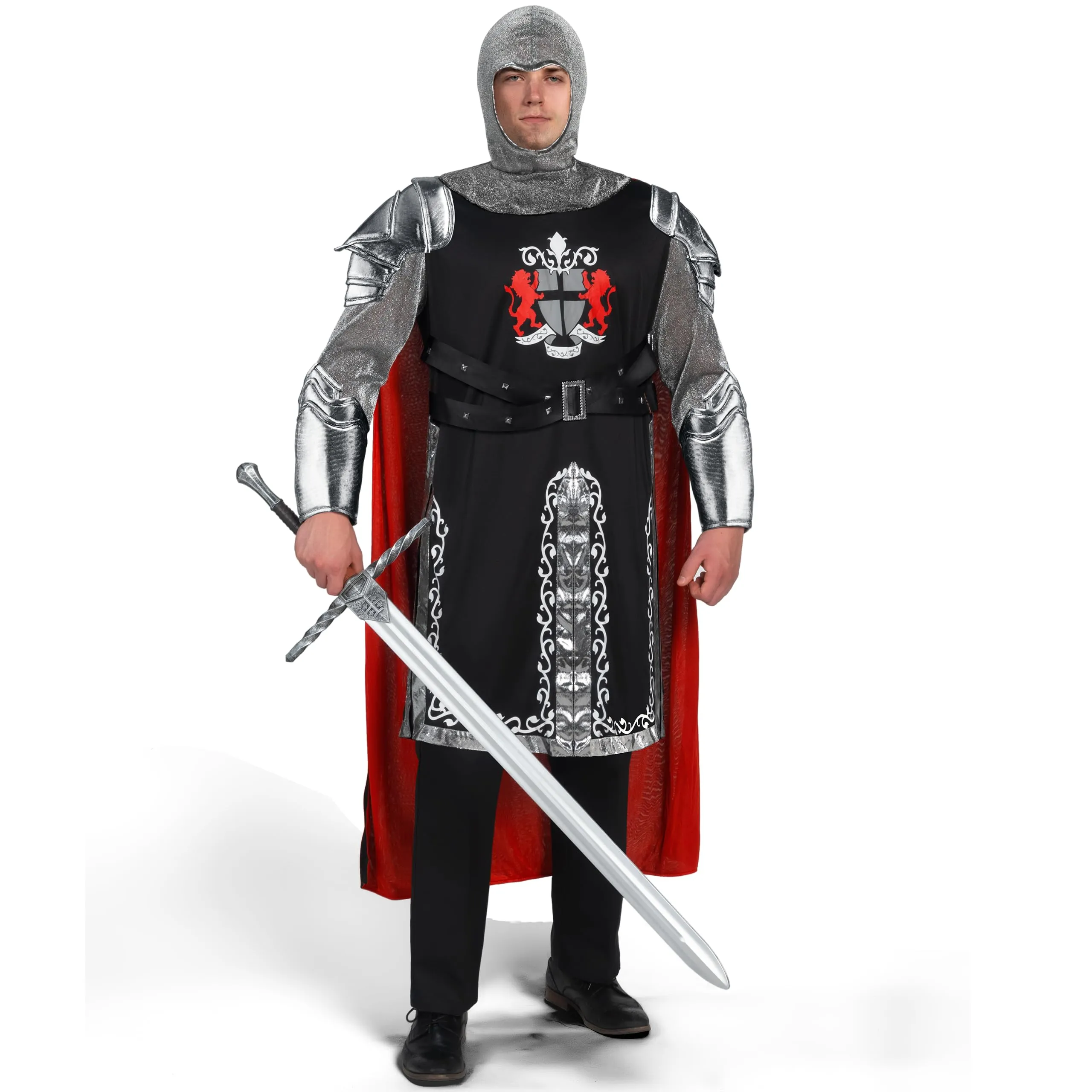 Black Men's Medieval Knight Costume with Armor Cape Tunic Hood