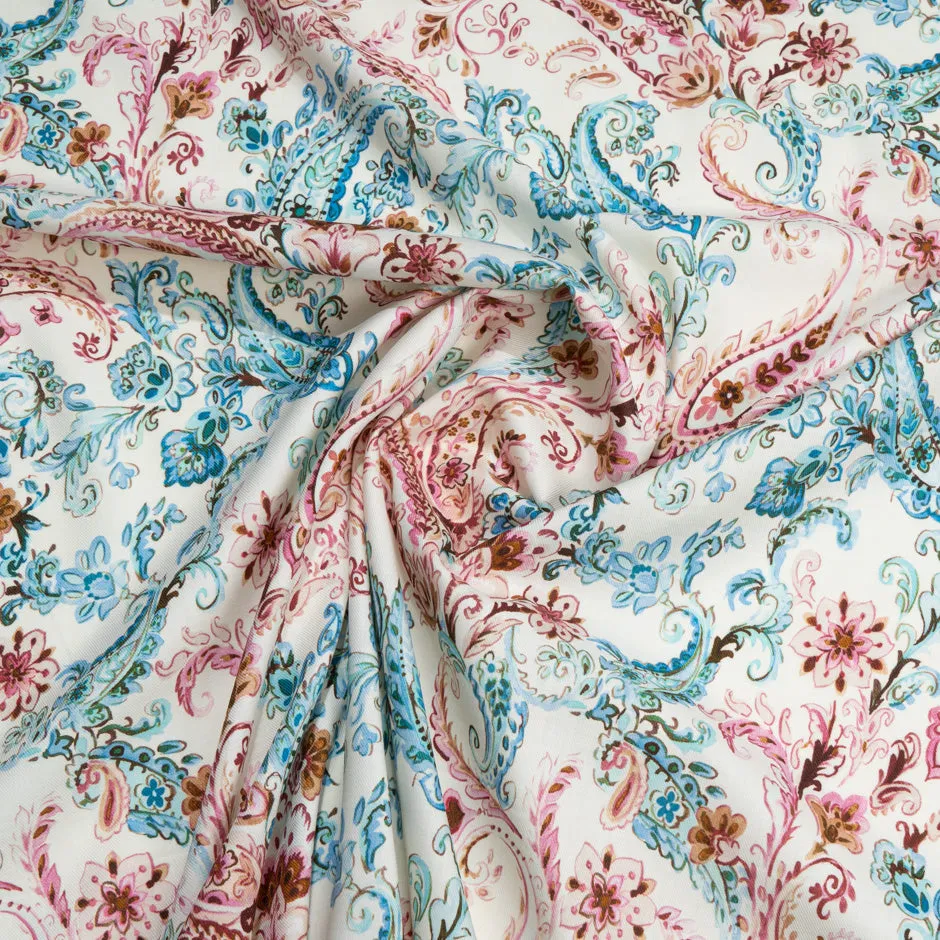 Blue & Pink Paisley Printed Cream Wool & Cotton Blend