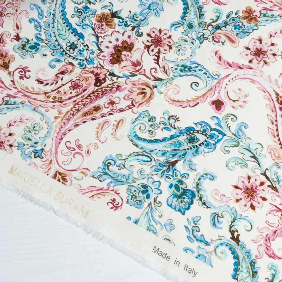 Blue & Pink Paisley Printed Cream Wool & Cotton Blend