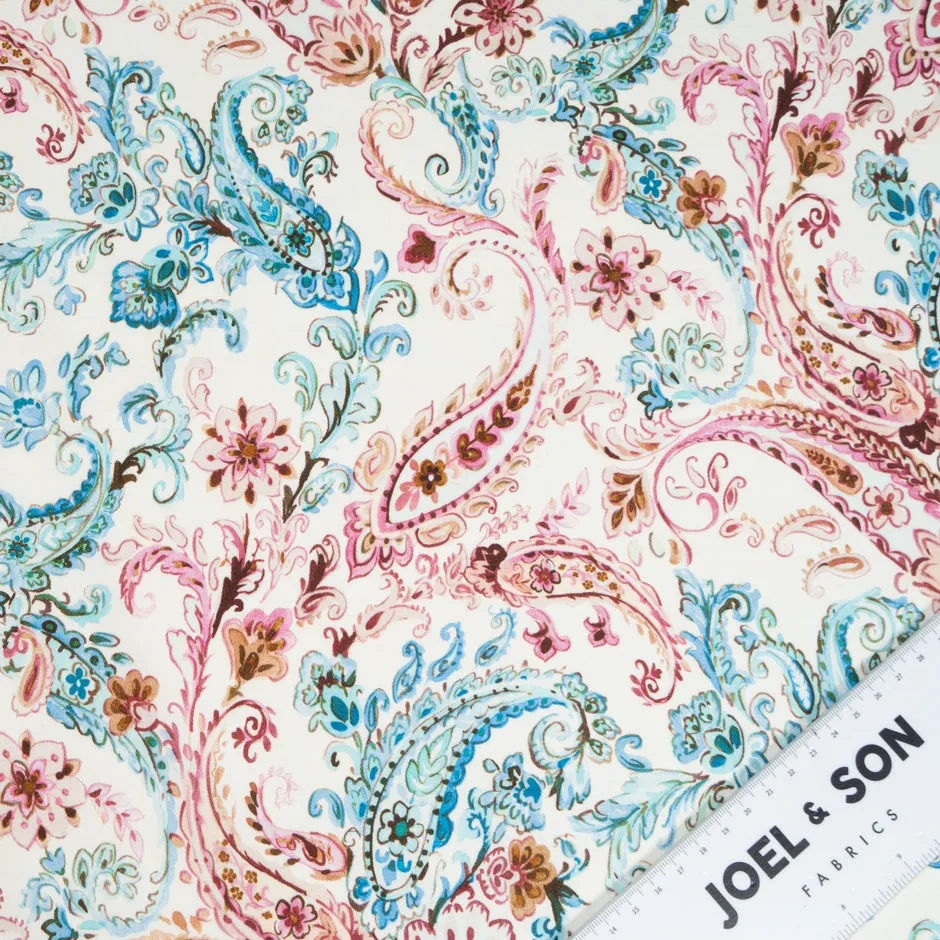 Blue & Pink Paisley Printed Cream Wool & Cotton Blend