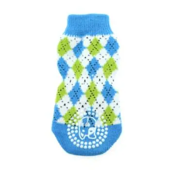 Blue and Green Argyle Non-Skid Dog Socks