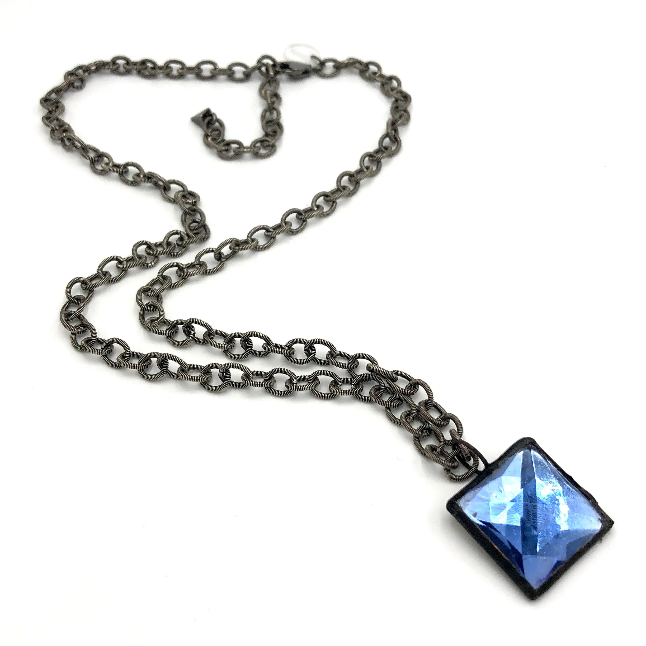 Blue Bling Square Gun Metal Layering Necklace