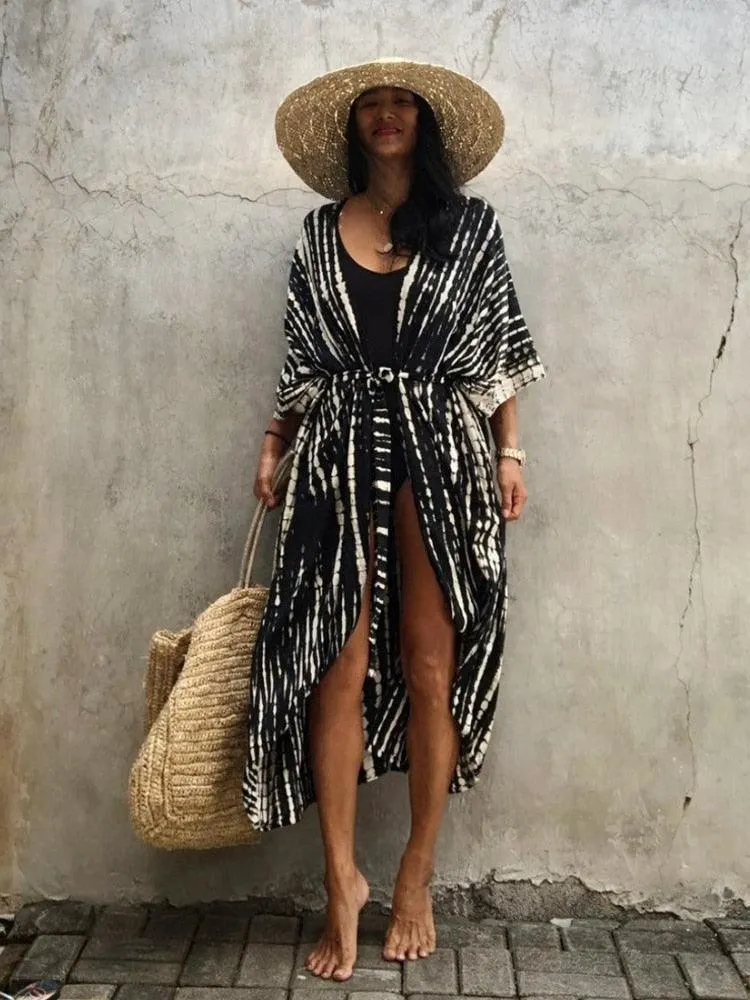 Bohemian Long Kimono, Beach Cover Ups Kimono, Tie Dye Kimono, Swimsuit Cape Summer Dress, Beachwear Cover Up Dress