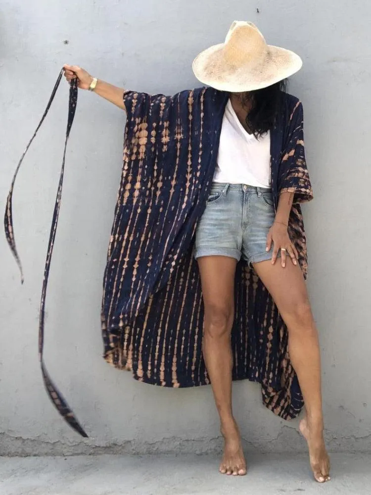 Bohemian Long Kimono, Beach Cover Ups Kimono, Tie Dye Kimono, Swimsuit Cape Summer Dress, Beachwear Cover Up Dress