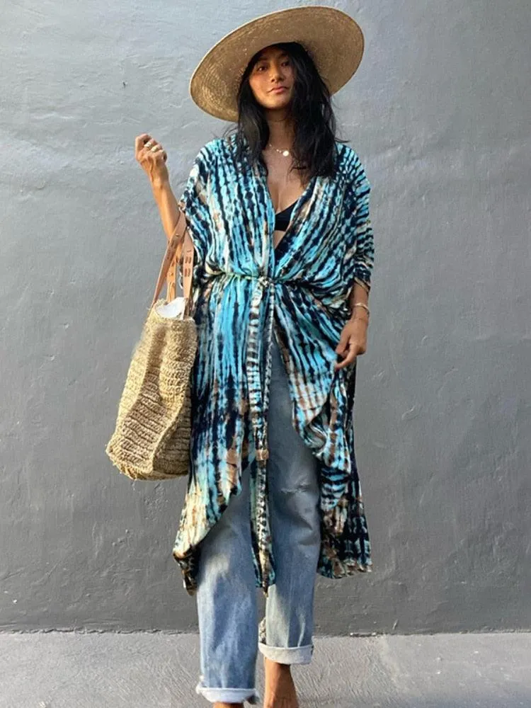 Bohemian Long Kimono, Beach Cover Ups Kimono, Tie Dye Kimono, Swimsuit Cape Summer Dress, Beachwear Cover Up Dress