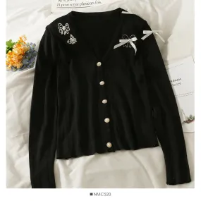 Bow decorative low neck single breasted sweater women's autumn dress  2011