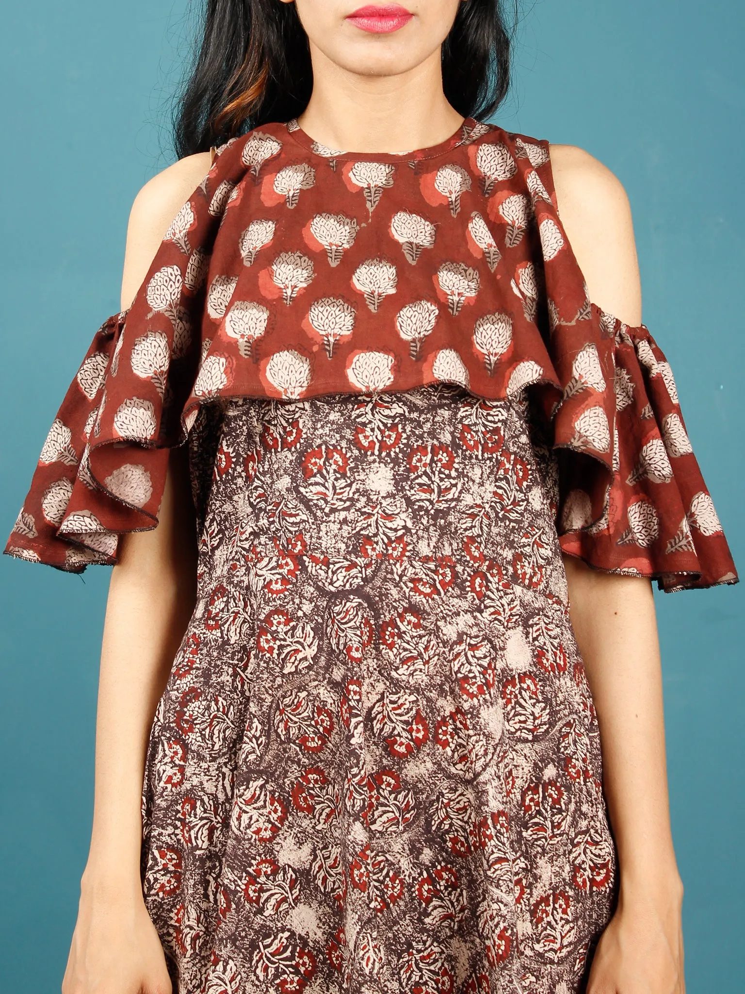 Brown Rust Beige Hand Block Printed Cotton Cape Dress With Cold Shoulders - D238F1370