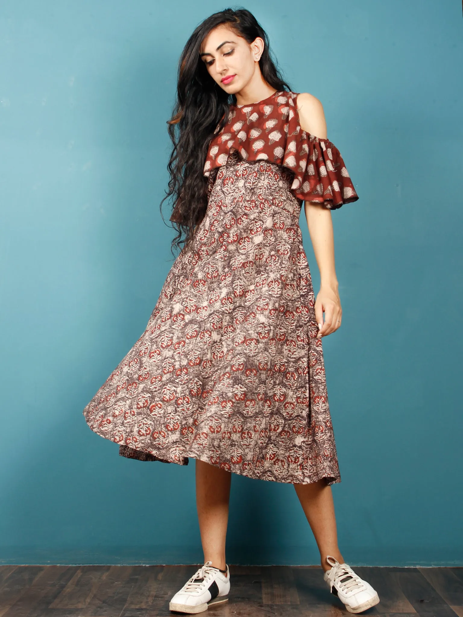 Brown Rust Beige Hand Block Printed Cotton Cape Dress With Cold Shoulders - D238F1370