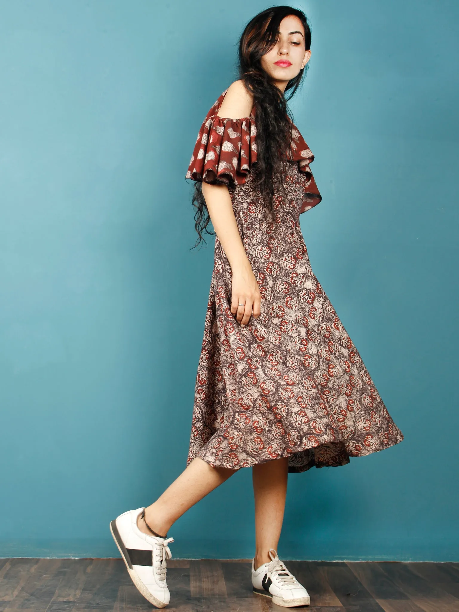 Brown Rust Beige Hand Block Printed Cotton Cape Dress With Cold Shoulders - D238F1370