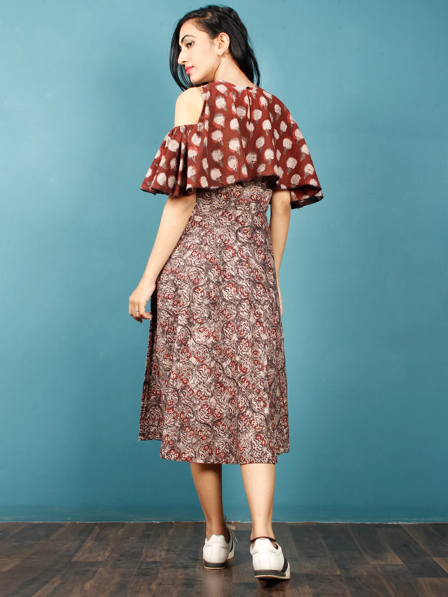 Brown Rust Beige Hand Block Printed Cotton Cape Dress With Cold Shoulders - D238F1370