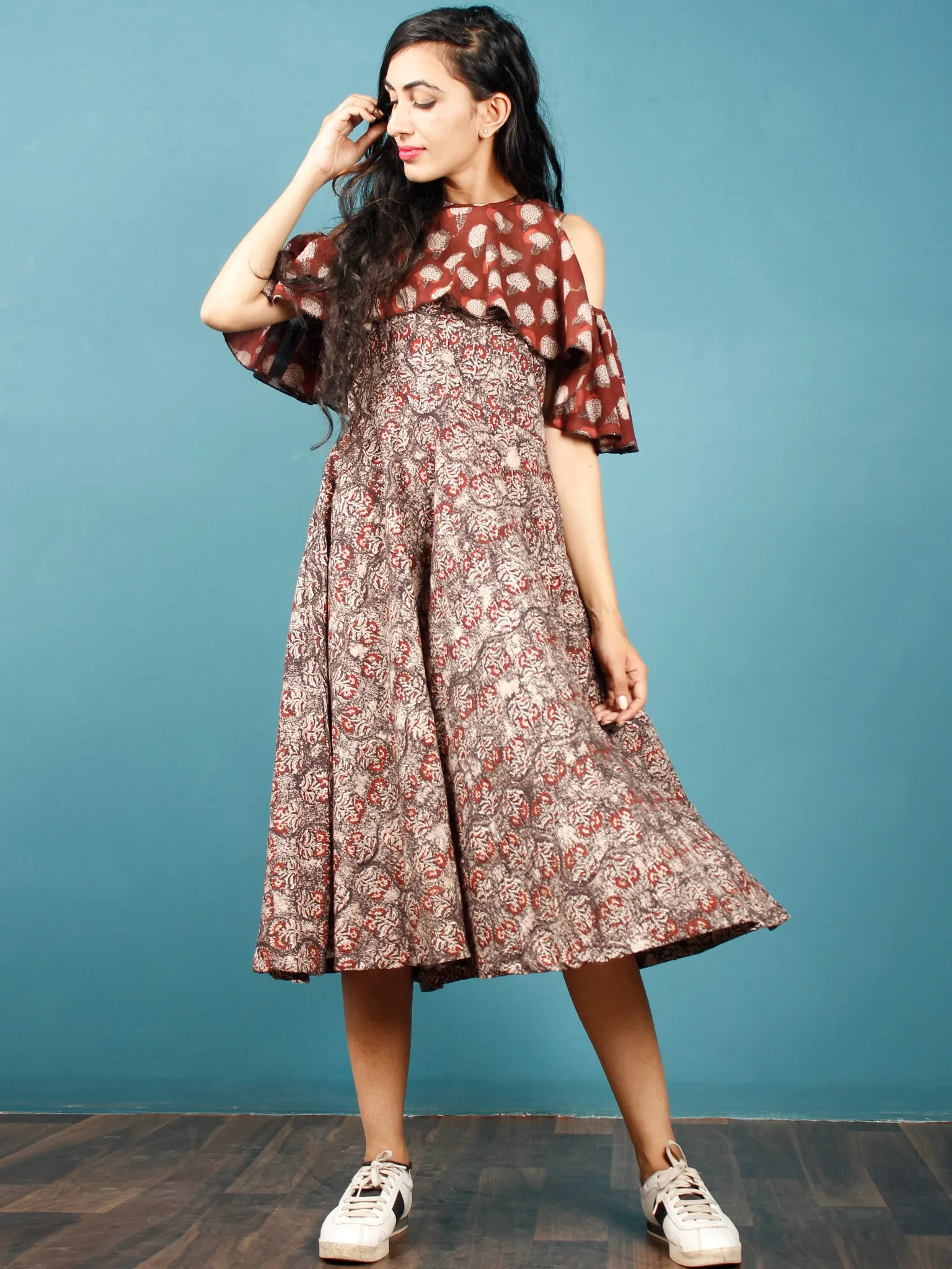 Brown Rust Beige Hand Block Printed Cotton Cape Dress With Cold Shoulders - D238F1370