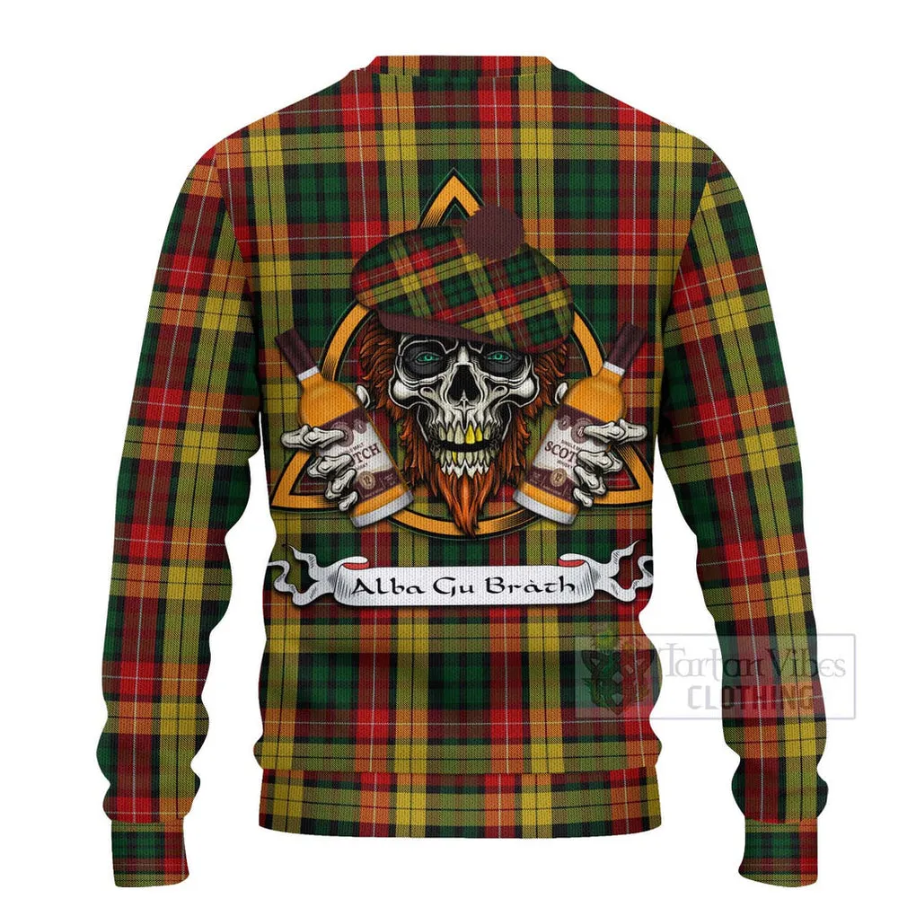 Buchanan Tartan Ugly Sweater with Family Crest and Bearded Skull Holding Bottles of Whiskey