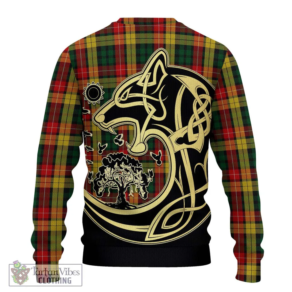 Buchanan Tartan Ugly Sweater with Family Crest Celtic Wolf Style