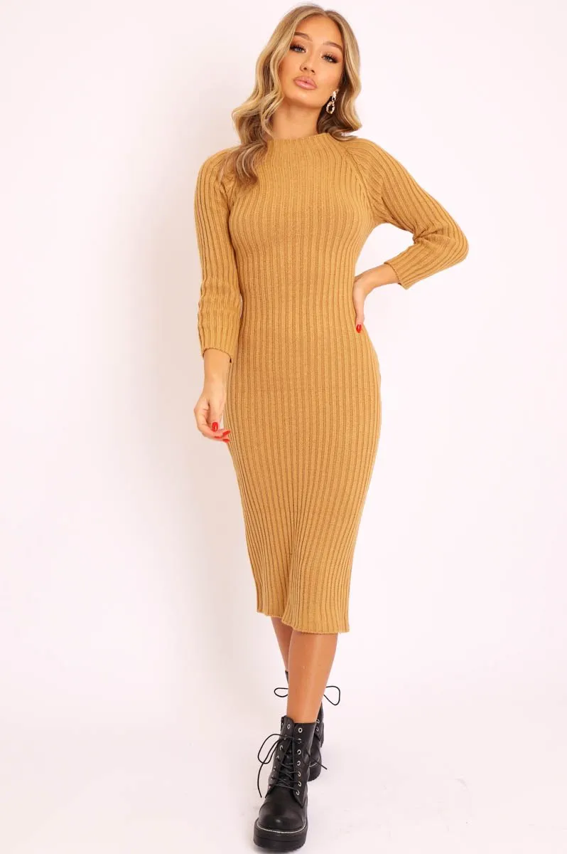 Camel Open Twist Back Midi Bodycon Jumper Dress - Karrah