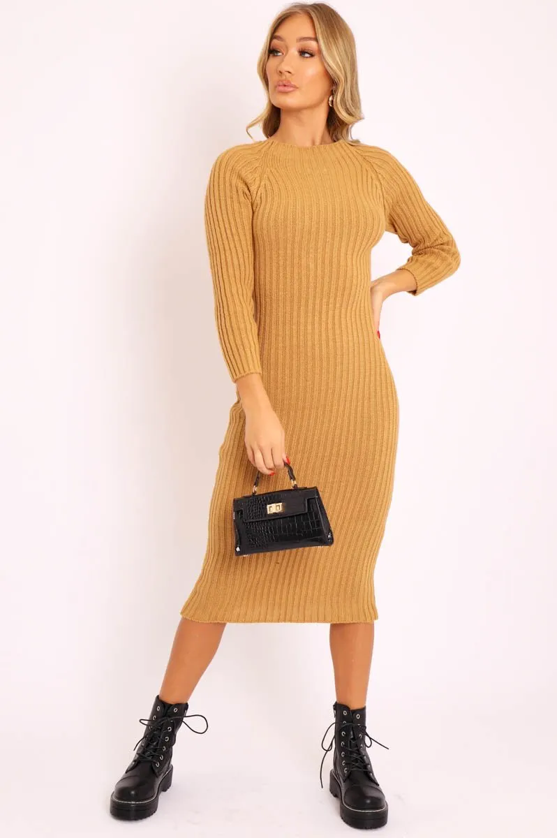 Camel Open Twist Back Midi Bodycon Jumper Dress - Karrah