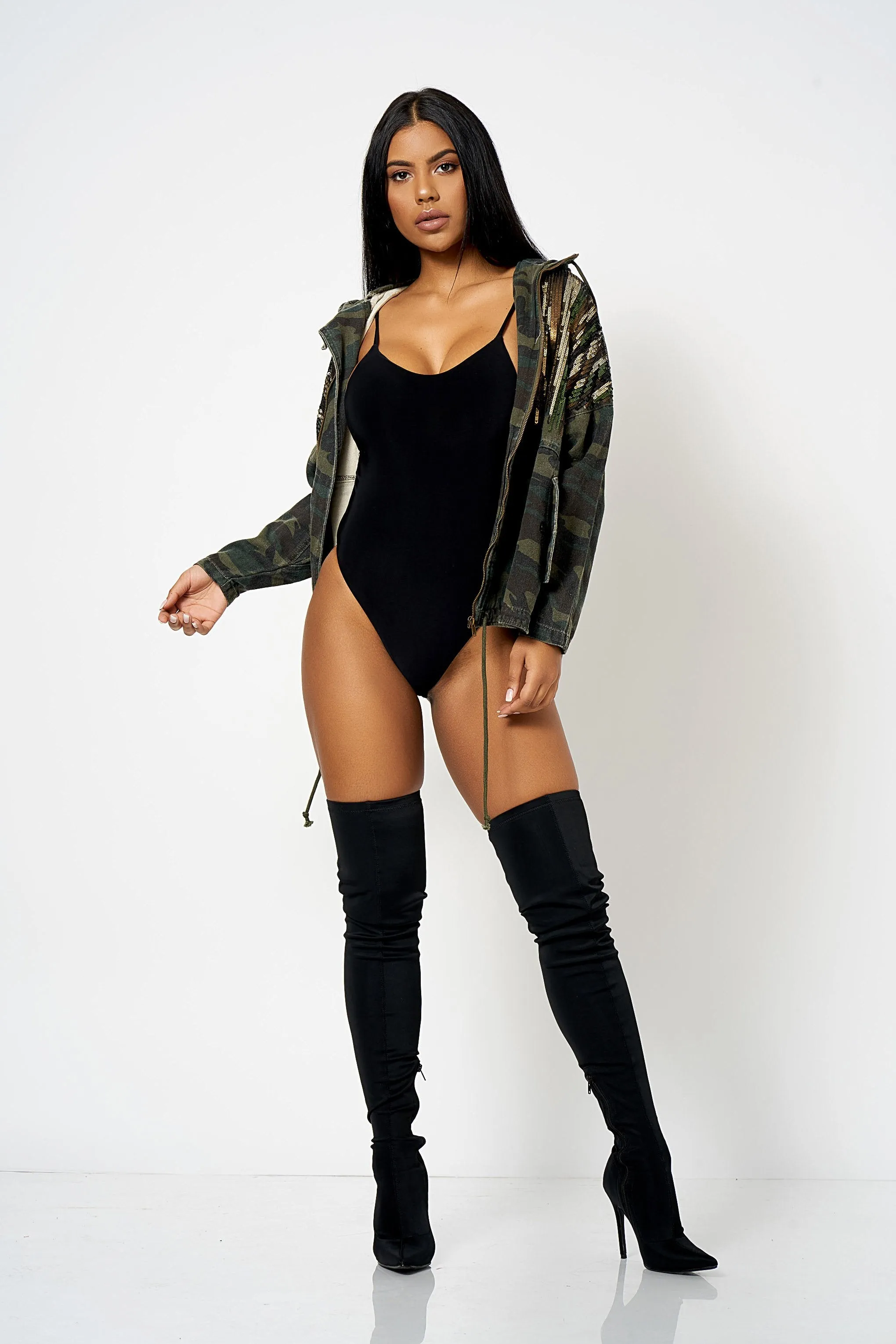 Camo Sequin Detail Hooded Denim Jacket