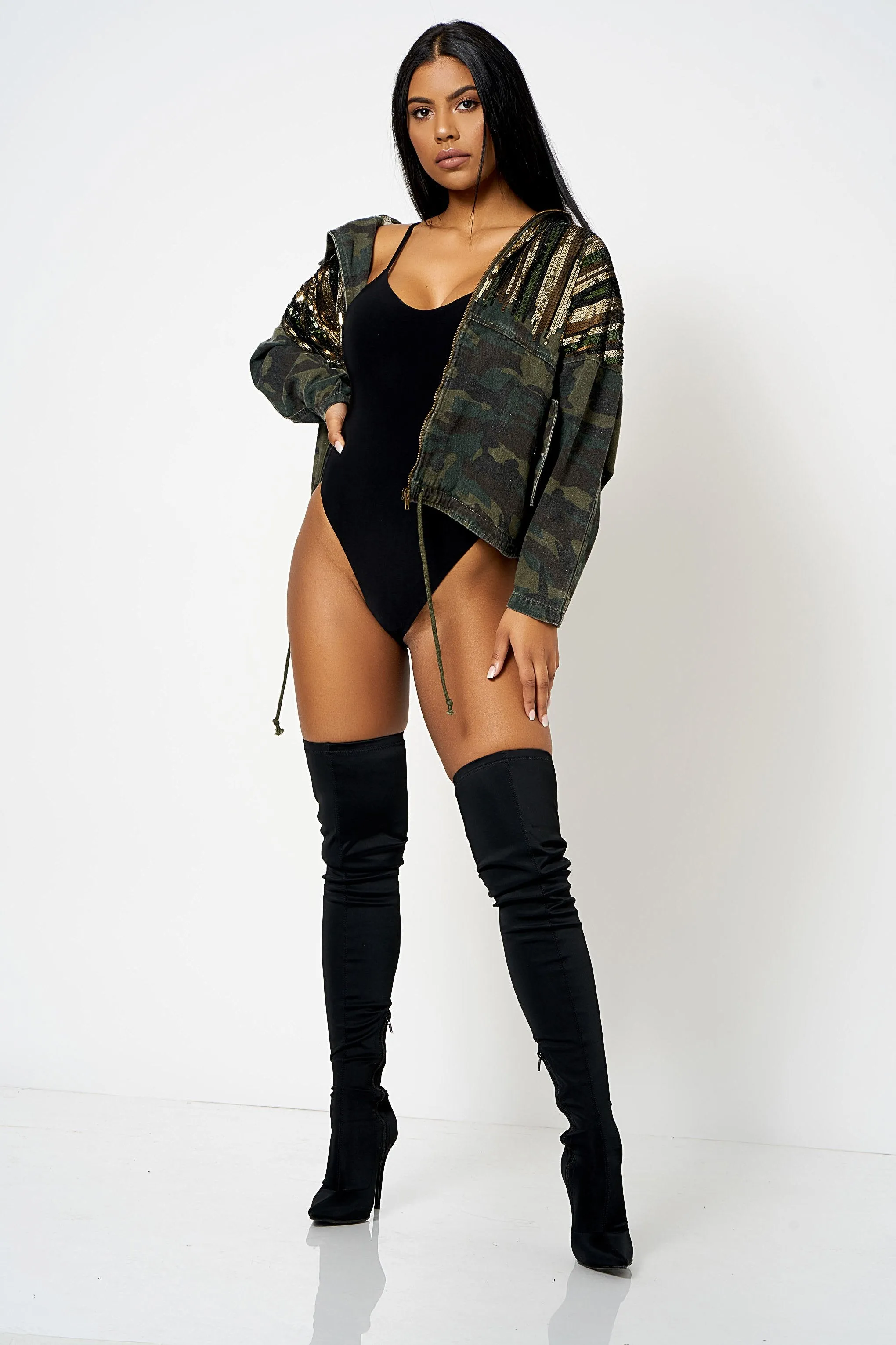 Camo Sequin Detail Hooded Denim Jacket