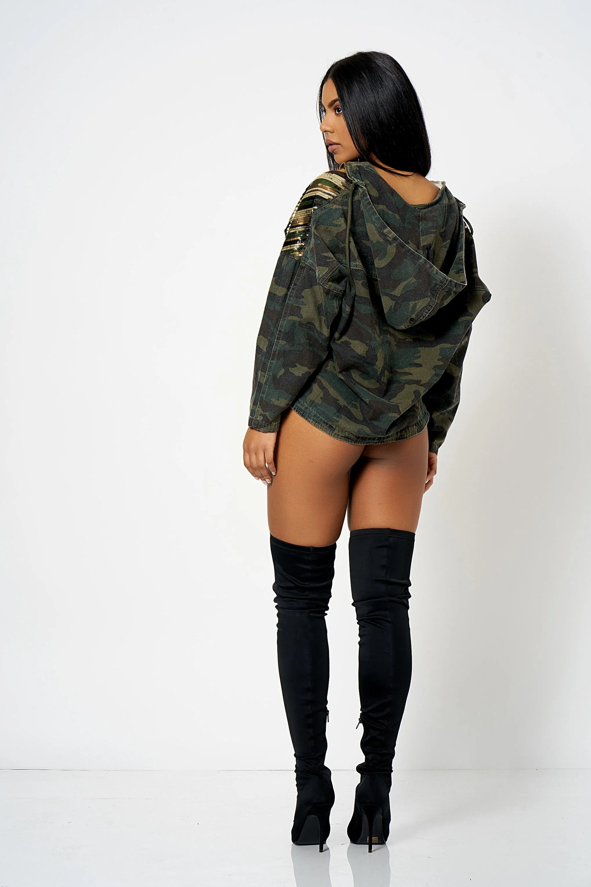 Camo Sequin Detail Hooded Denim Jacket