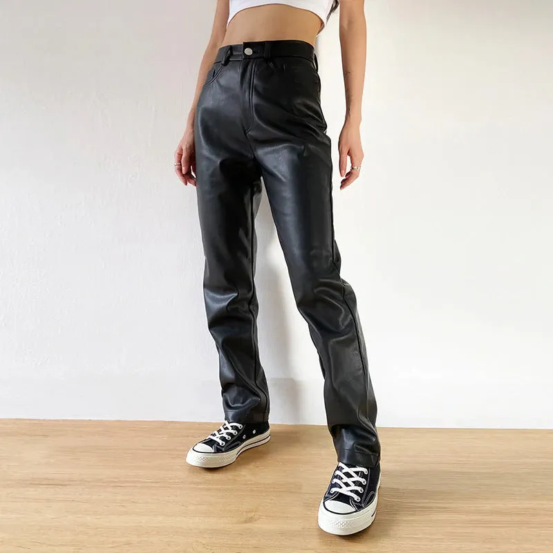 Cargo Pants Women Black Faux Leather High Waist Pant Straight Trouser