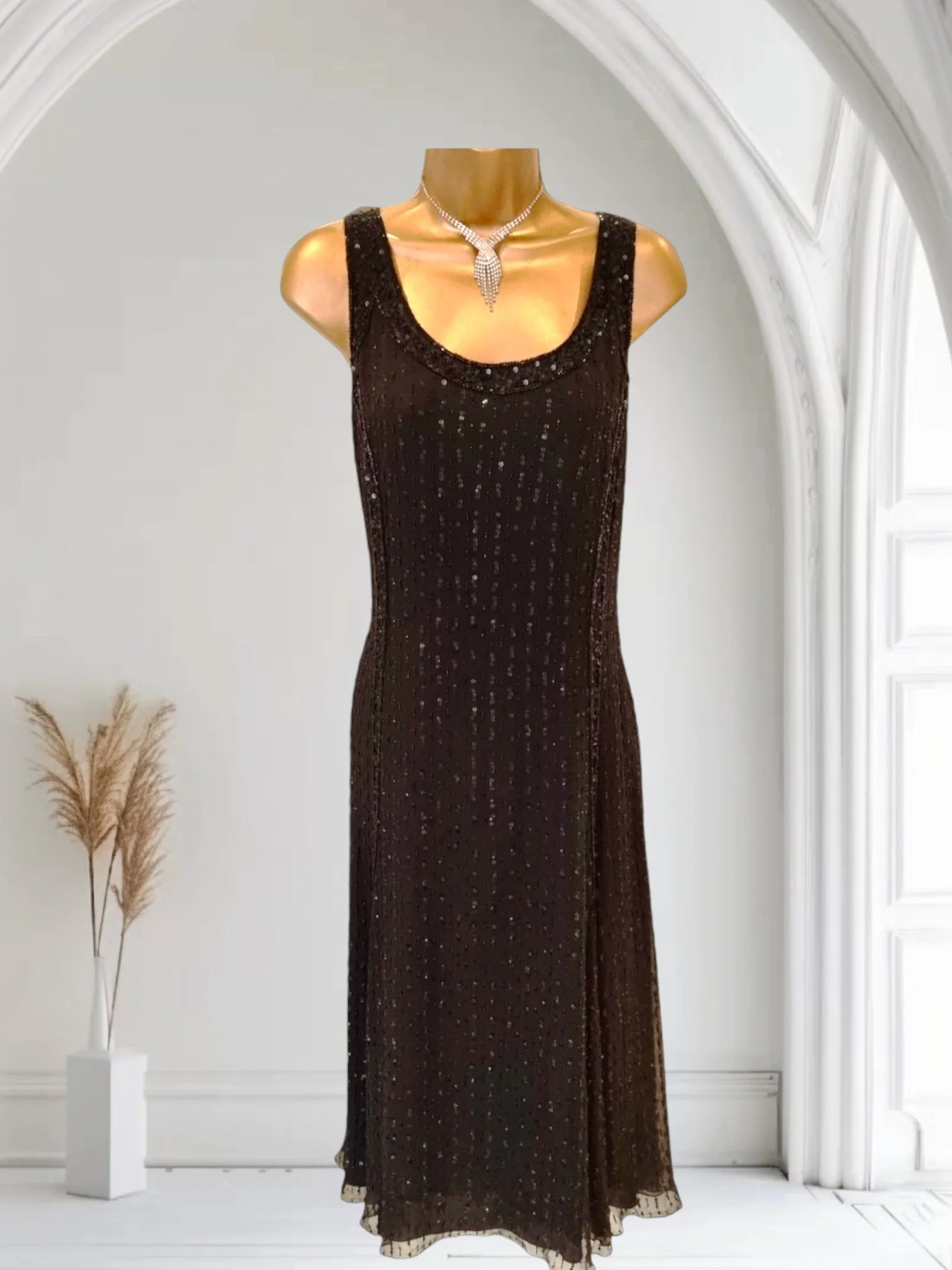 Caroline Charles Vintage Black Silk Sequin Dress & Bolero UK 16 US 12 EU 44 IT 48