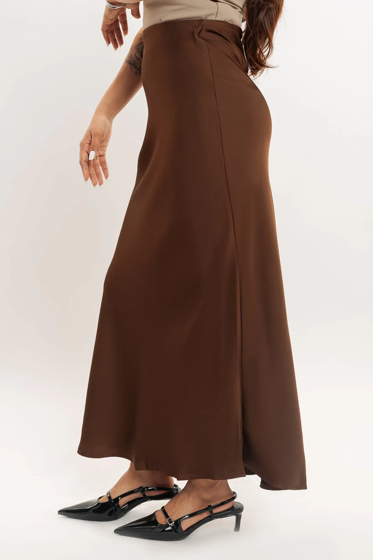 Choco Brown Satin Long Skirt