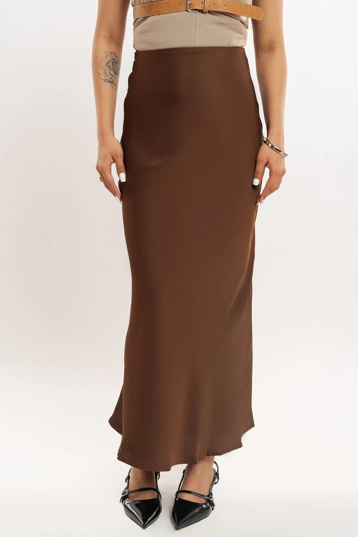 Choco Brown Satin Long Skirt