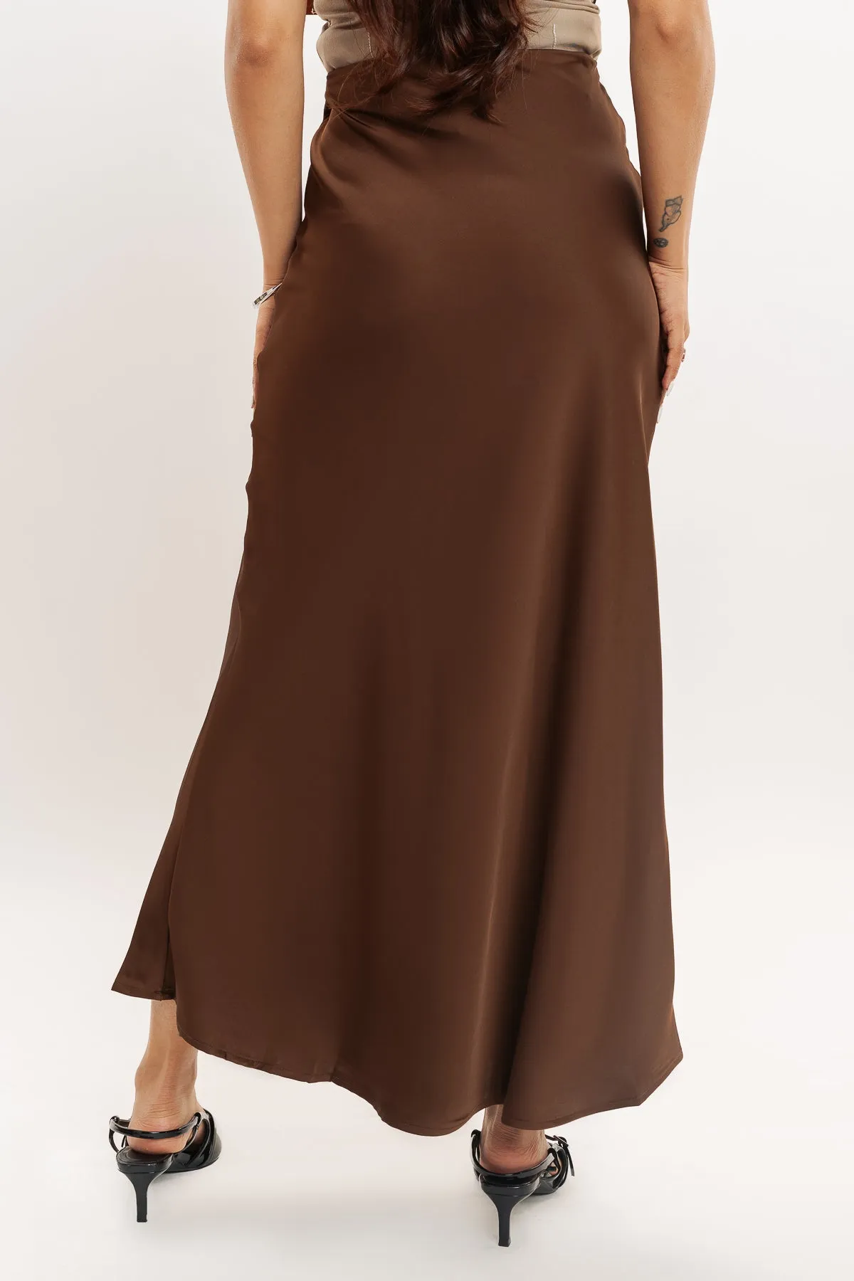 Choco Brown Satin Long Skirt