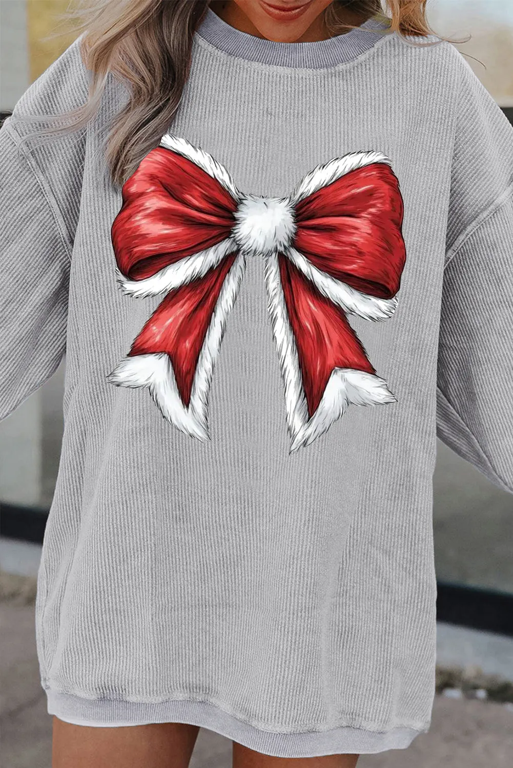 Christmas round neck big bow pattern pullover sweater