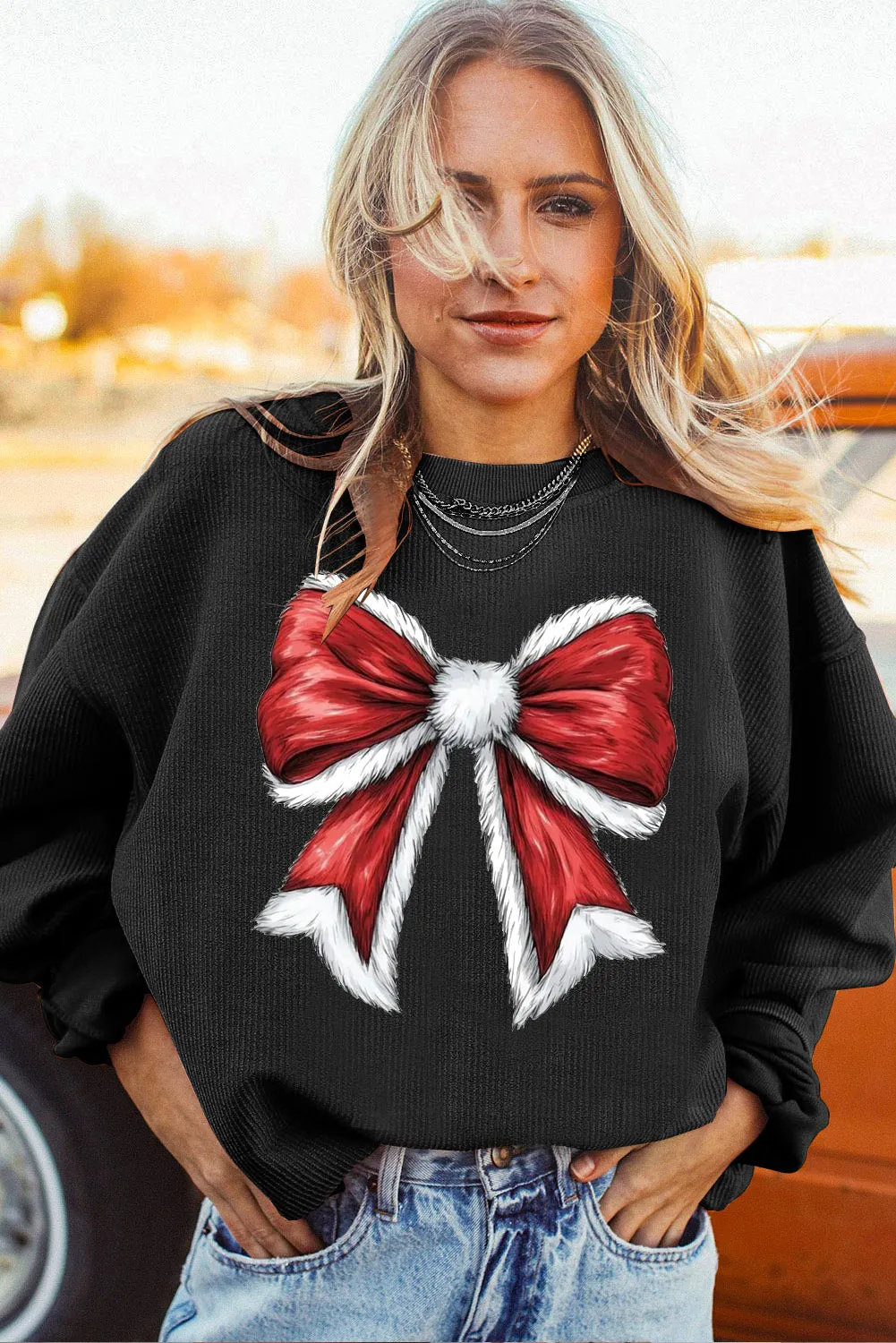 Christmas round neck big bow pattern pullover sweater