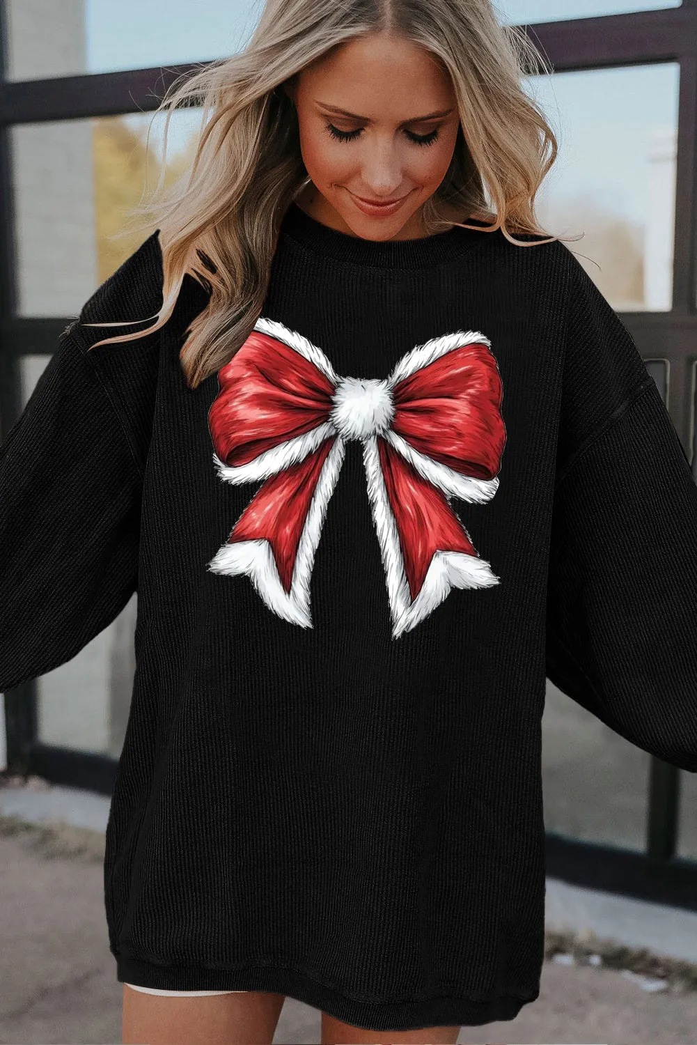 Christmas round neck big bow pattern pullover sweater